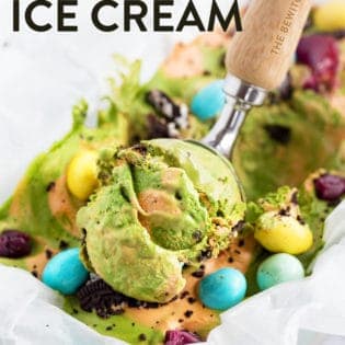 Homemade ice cream being scooped out of a loaf pan.