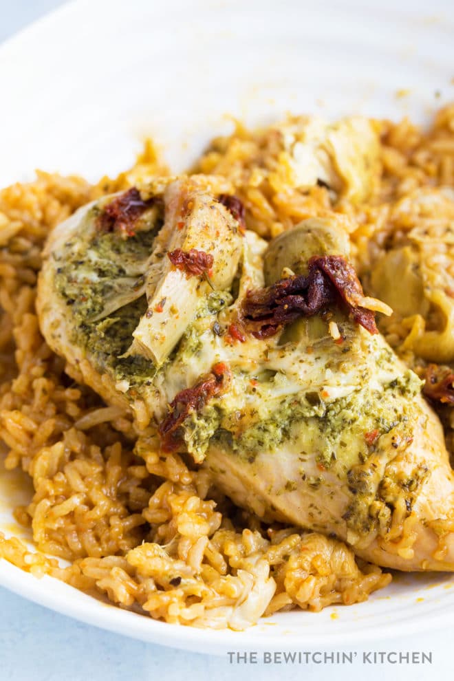 Chicken breast with pesto, sundried tomatoes, and cheese