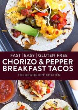 Gluten Free Chorizo and Egg Breakfast Tacos. This easy breakfast recipe combines the flavors of chorizo sausage, bell peppers, onions, eggs, with tortillas for a quick, simple, and easy breakfast or brunch. Can easily be doubled to feed a crowd!