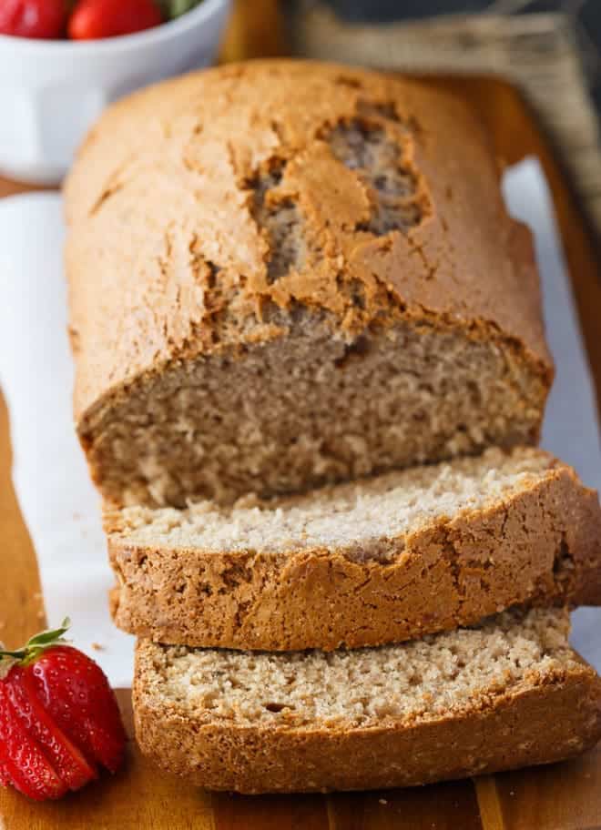 strawberry loaf cake sliced and ready to serve