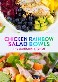 This easy chicken rainbow salad recipe uses colorful bell peppers, avocado, chicken breast, blueberries, beets (or purple cabbage) and dressed with a key lime vinaigrette. Veggies and fruit make this yummy summer salad a healthy, paleo, and gluten free dinner. Meal prep the chicken to make this a quick and nutritious lunch for work!