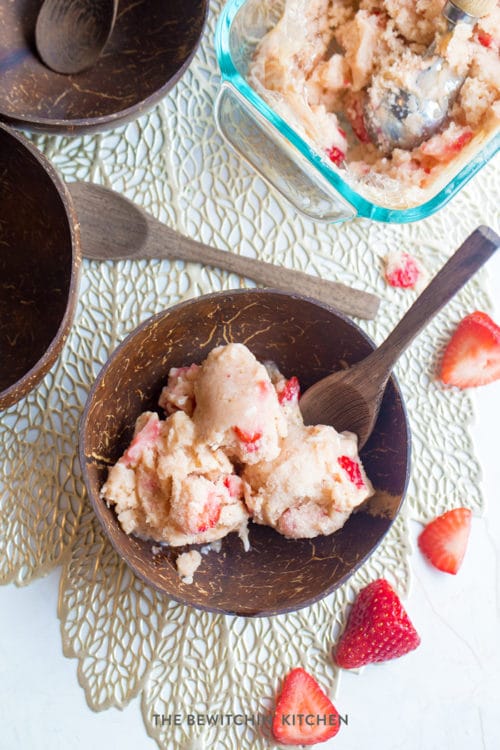 Protein shaved ice cream in a coconut bowl