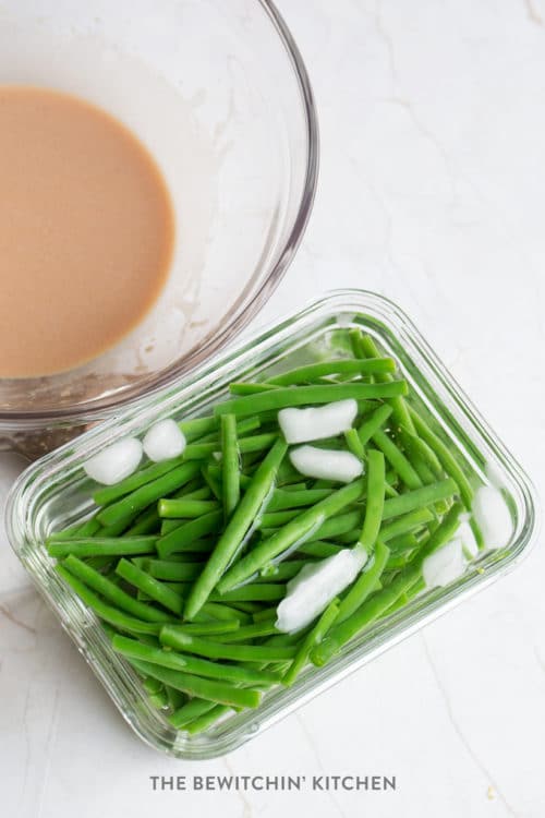 Green beans in an ice bath