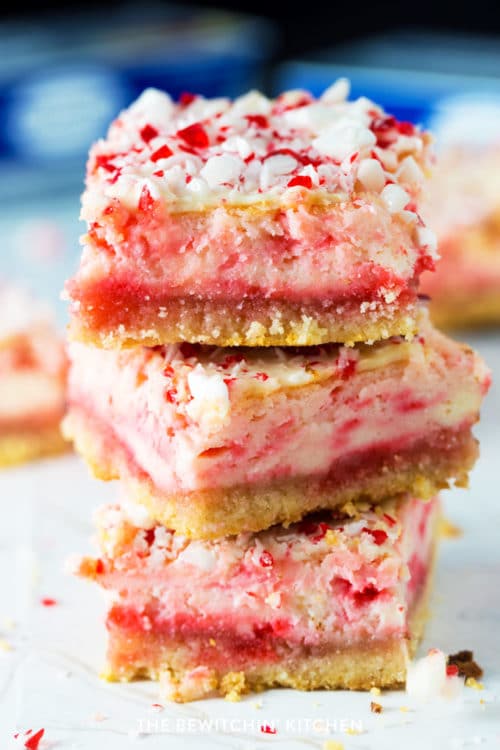 Candy Cane white chocolate cheesecake bars recipe with a gluten free crust
