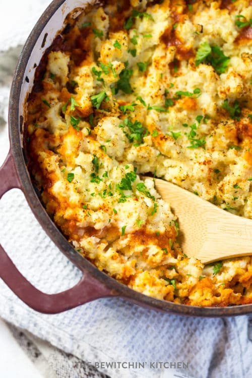 wooden spoon in a pot of healthy shepherd's pie