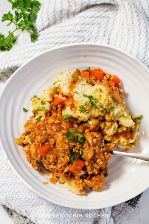 chicken shepherd's pie on a white plate