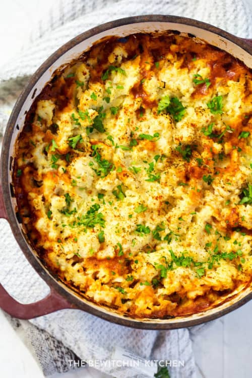 overhead view of a pot of Whole30 Shepherds Pie