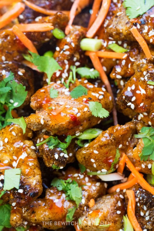 Close up shot of a gluten free chicken appetizer garnished with shredded carrots, cilantro, and sesame seeds.