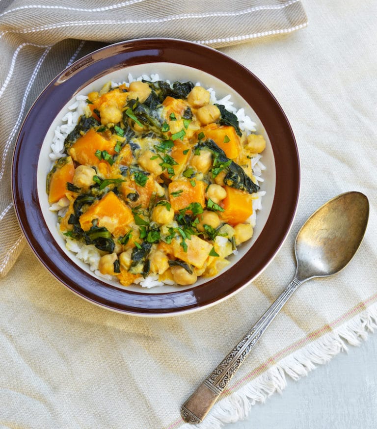 Overhead view of Butternut Squash Chickpea Curry in a Hurry 