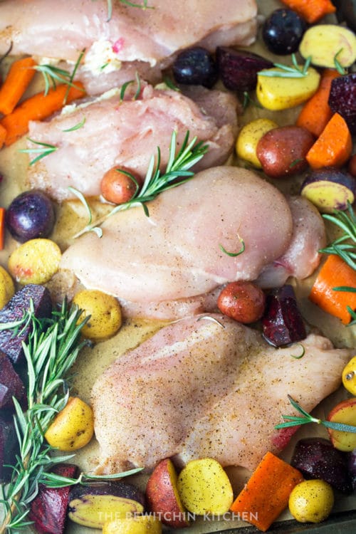 Sheet pan chicken with rosemary, potatoes, carrots, and beets