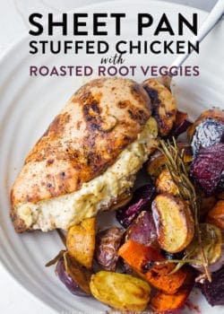 sheet pan stuffed chicken with roasted root vegetables