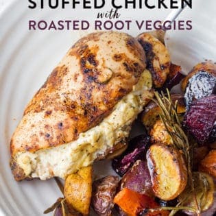 sheet pan stuffed chicken with roasted root vegetables