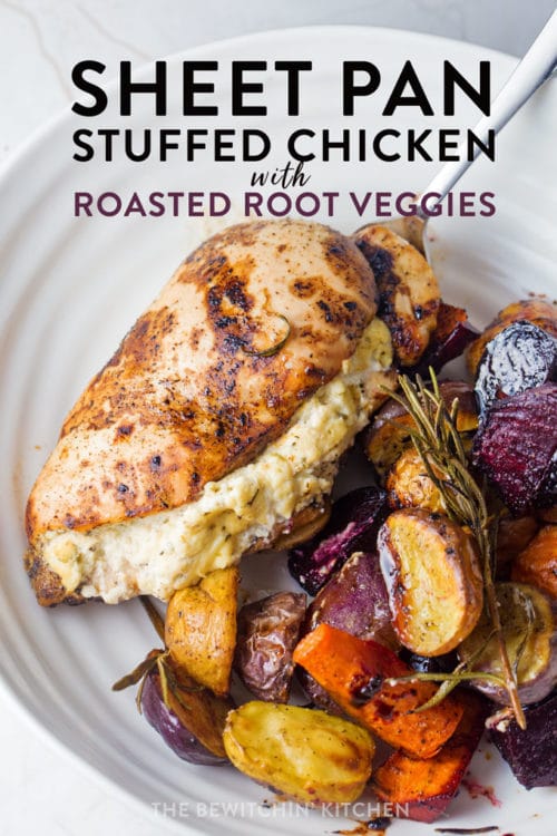sheet pan stuffed chicken with roasted root vegetables
