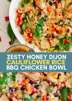 Cauliflower Rice Bowls with chicken, homemade mustard bbq sauce, and more.