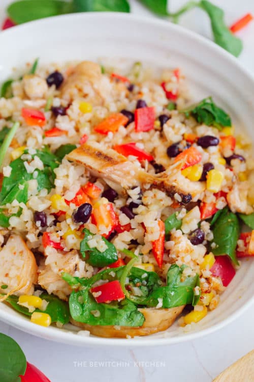 close up of cauliflower rice with southwestern ingredients and flavors.