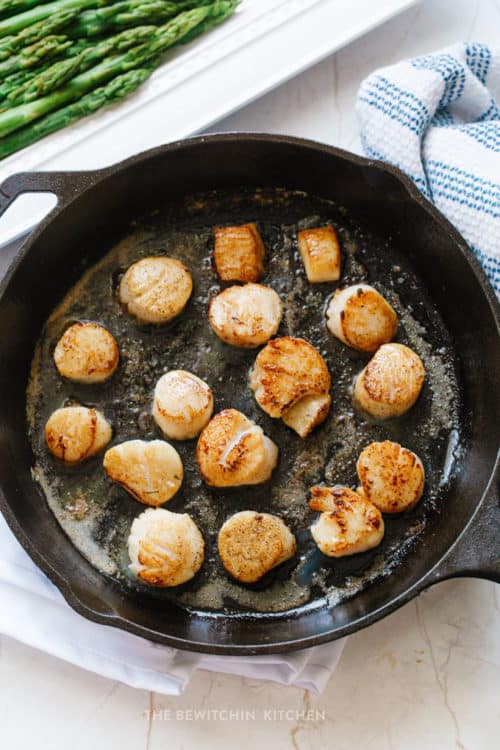seared scallops in a cast iron pan