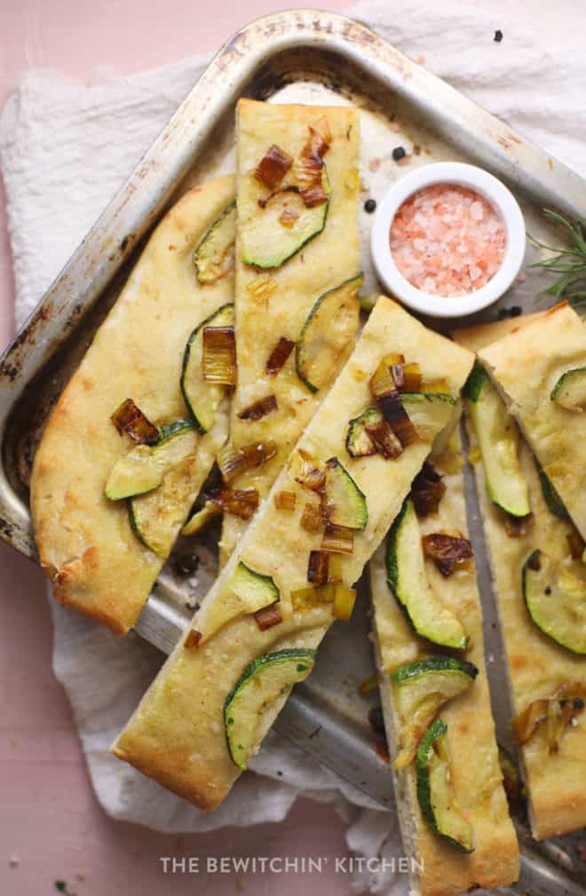 easy homemade and healthy focaccia bread recipe with caramelized leeks and zucchini