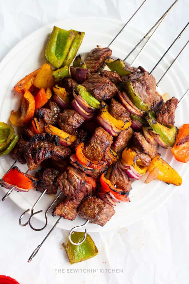 Beef fajita skewers with bell peppers and stew meat