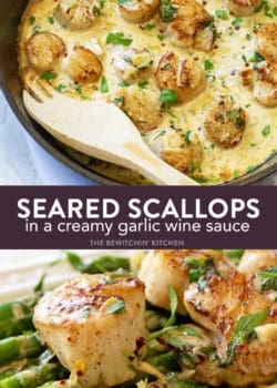 seared scallops in a creamy garlic wine sauce