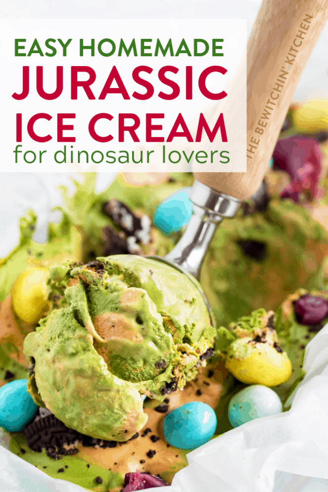 dinosaur ice cream being scooped out with an ice cream scoop