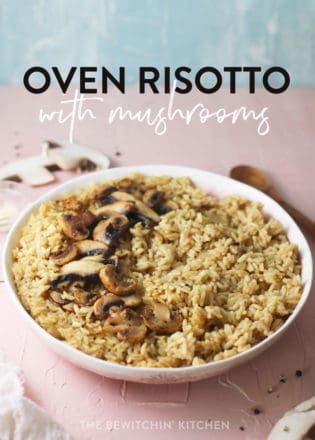 oven risotto with mushrooms in a bowl on a pink background