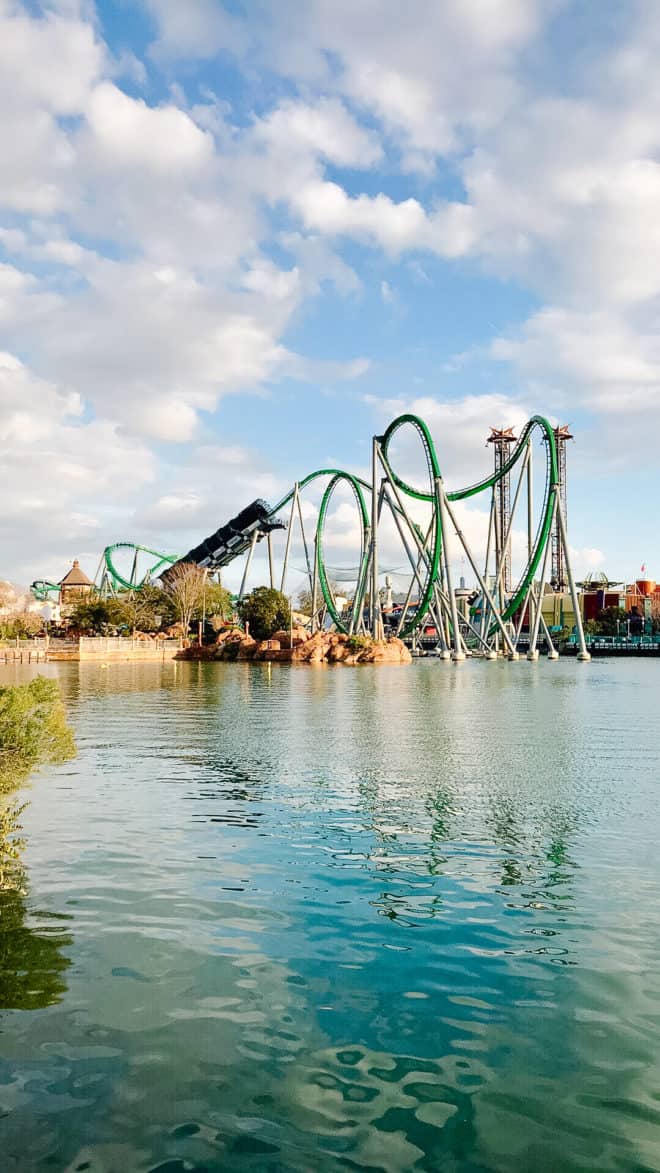 hulk rollercoaster in distance at Universal Orlando