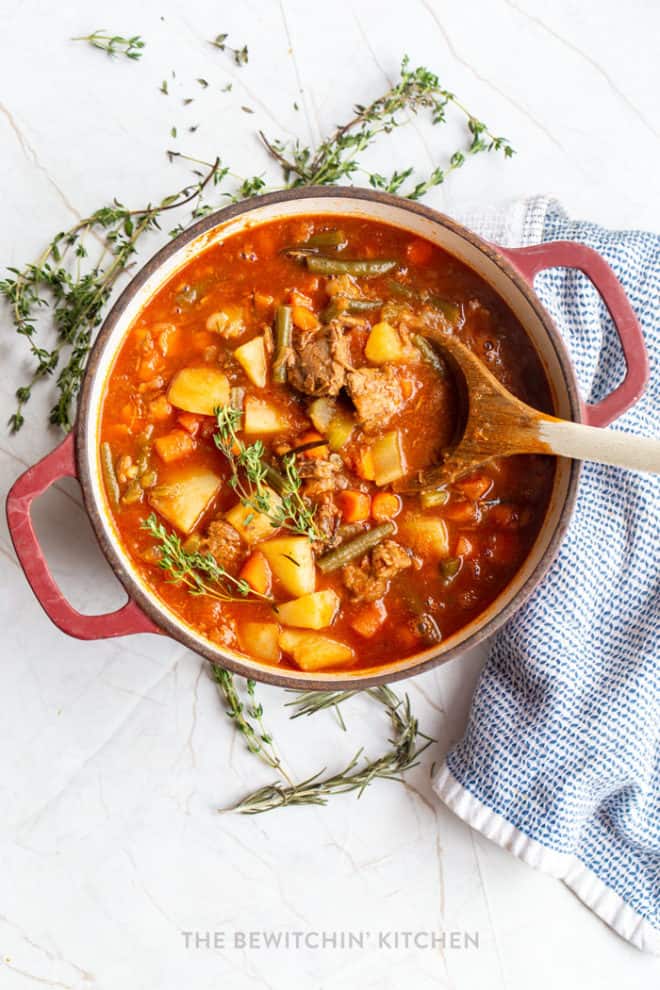 Pot roast soup with thyme and rosemary