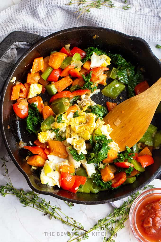 Sweet Potato Egg Skillet with Kale and Peppers | The Bewitchin' Kitchen