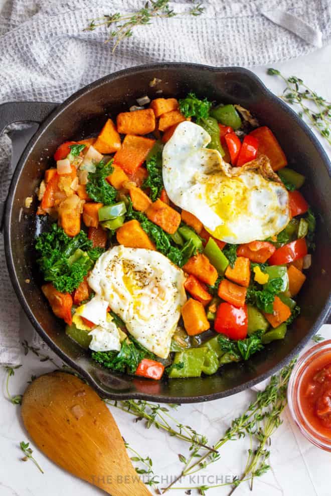 sweet potato egg skillet with kale and peppers