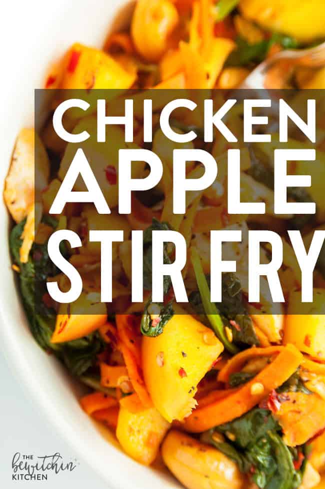 chicken apple stir fry with text overlay