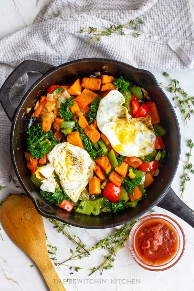 Sweet Potato Egg Skillet with Kale and Peppers | The Bewitchin' Kitchen