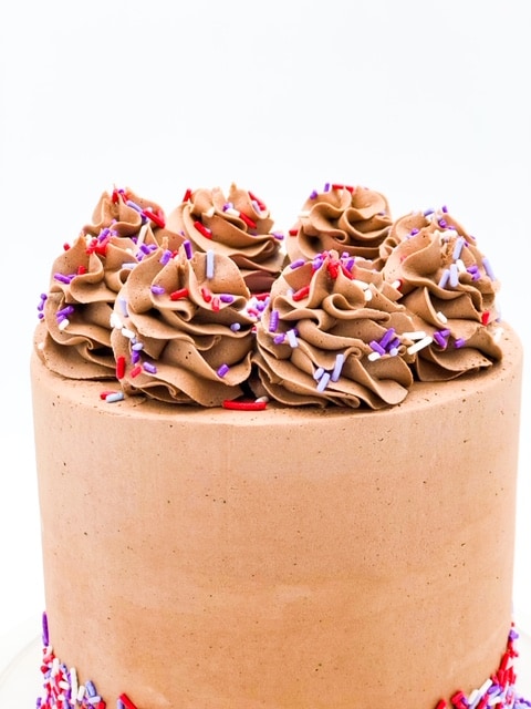 the top of a classic chocolate cake with beautiful buttercream piping and sprinklepop sprinkles