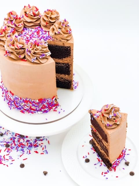 a slice of moist chocolate cake with chocolate buttercream frosting with purple sprinkle pop sprinkles