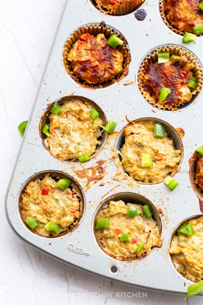 baked mexican chicken meatloaf in a muffin tin. Some with sauce, some without