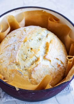 dutch oven bread fresh out of the oven before browning