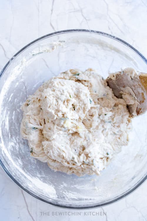 homemade bread ingredients stirred together before rising.