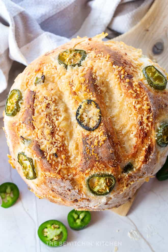 Top view of a full loaf of jalapeno cheese bread