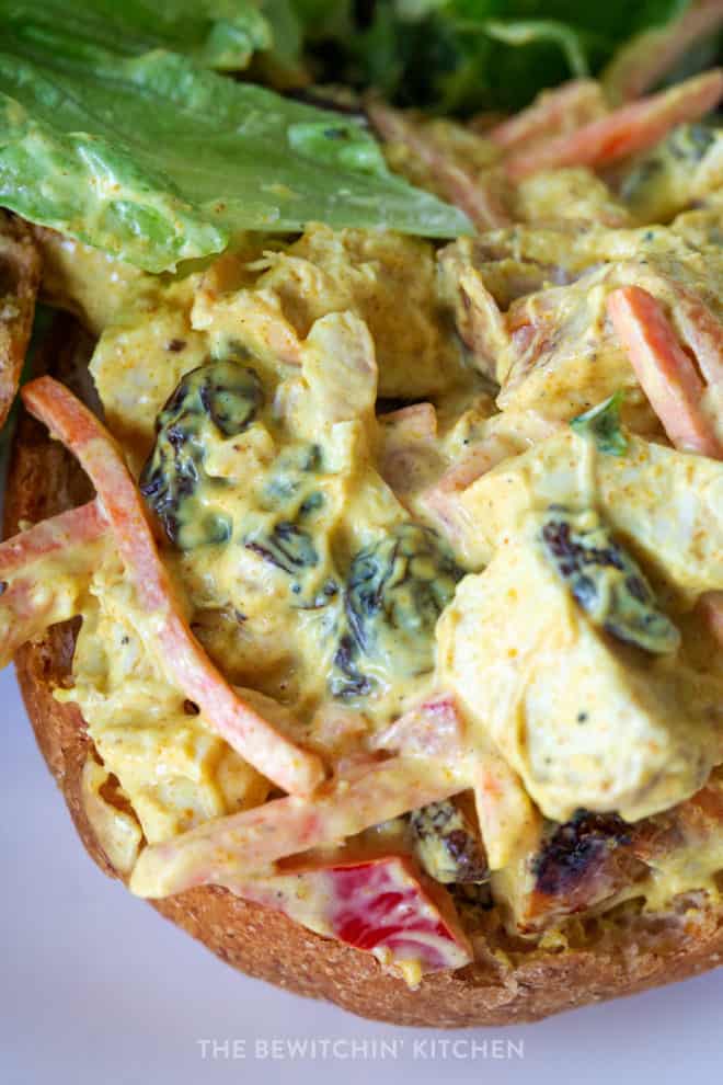 close up of curry chicken salad sandwich filling