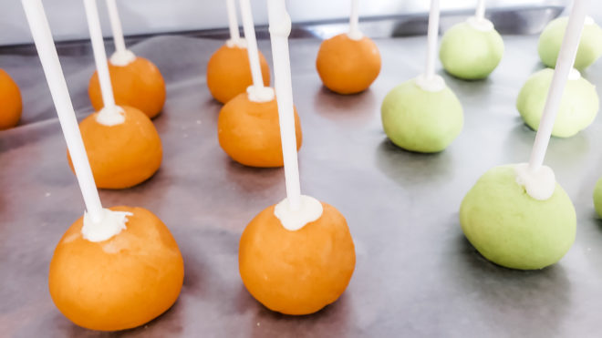 Colored Cake Pops on a baking sheet