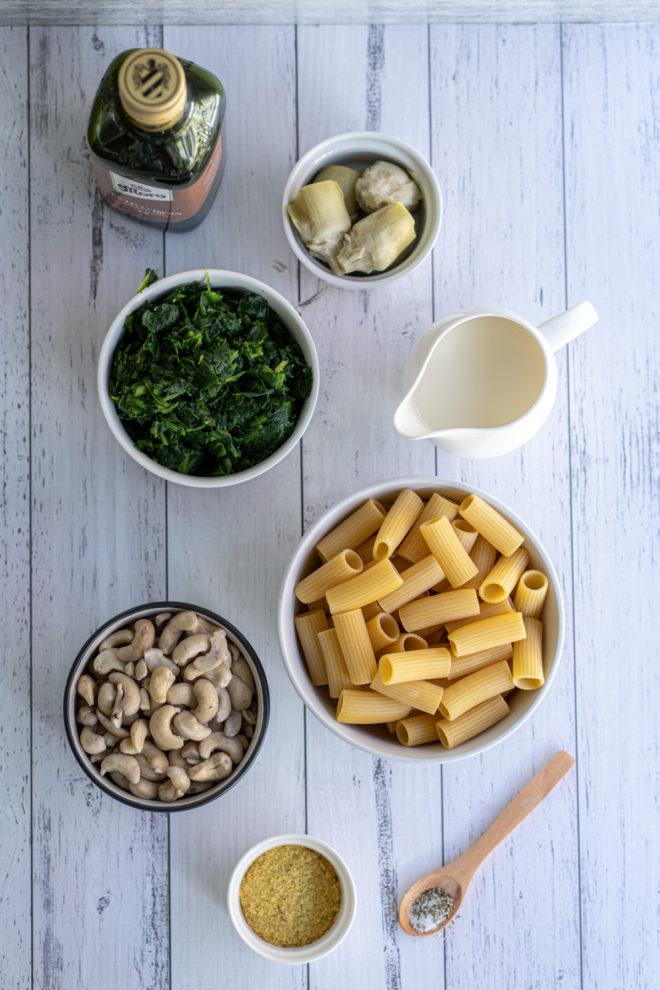 Ingredients for spinach artichoke pasta
