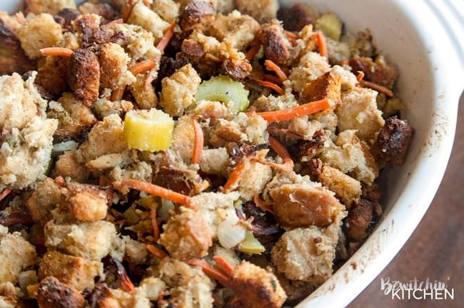 homemade sausage stuffing in casserole dish