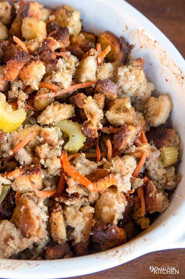 oval baking dish filled with sausage stuffing