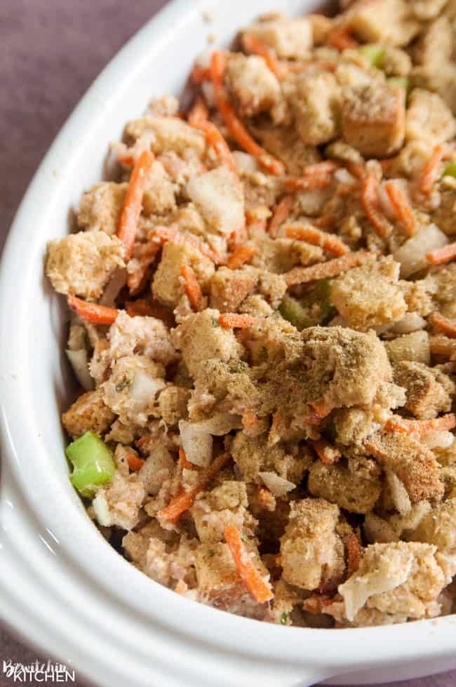 closeup of oven baked stuffing in oval dish