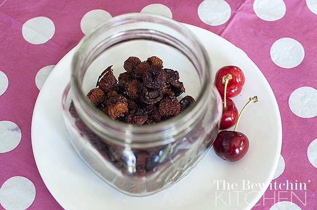 overhead of dehydrated cherries in jar