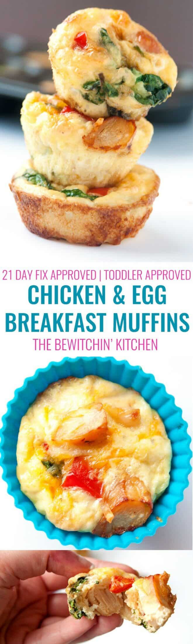 Collage of breakfast egg bites in order of: a stack of breakfast bites, top view of an egg bite in a silicone cupcake liner, and a chicken muffin with a bite taken out of it