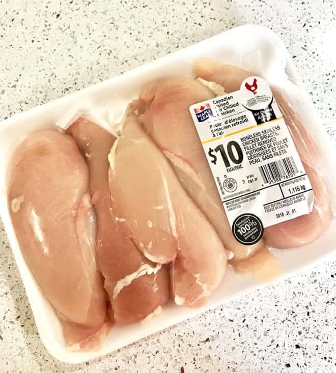 package of boneless skinless Canadian chicken breasts