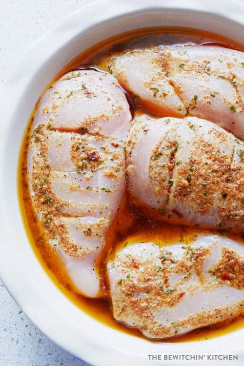 Raw chicken in the lime chicken marinade for the chili lime chicken recipe