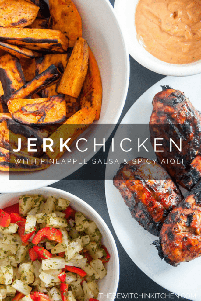 Top view of Jamaican jerk chicken, grilled yams, and pineapple salsa