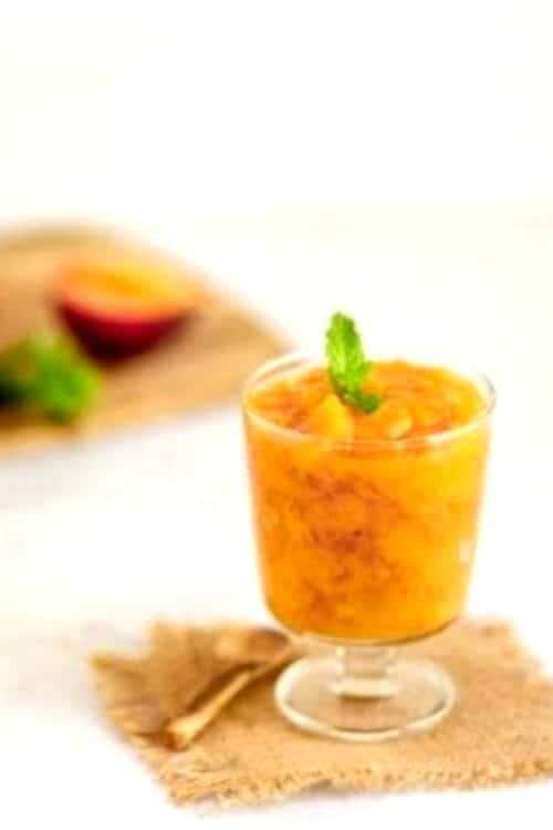 Peach Compote Recipe displayed in a glass