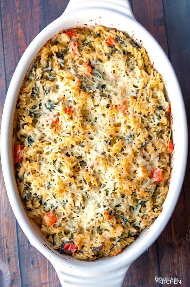 Top view of baked creamy pasta bake